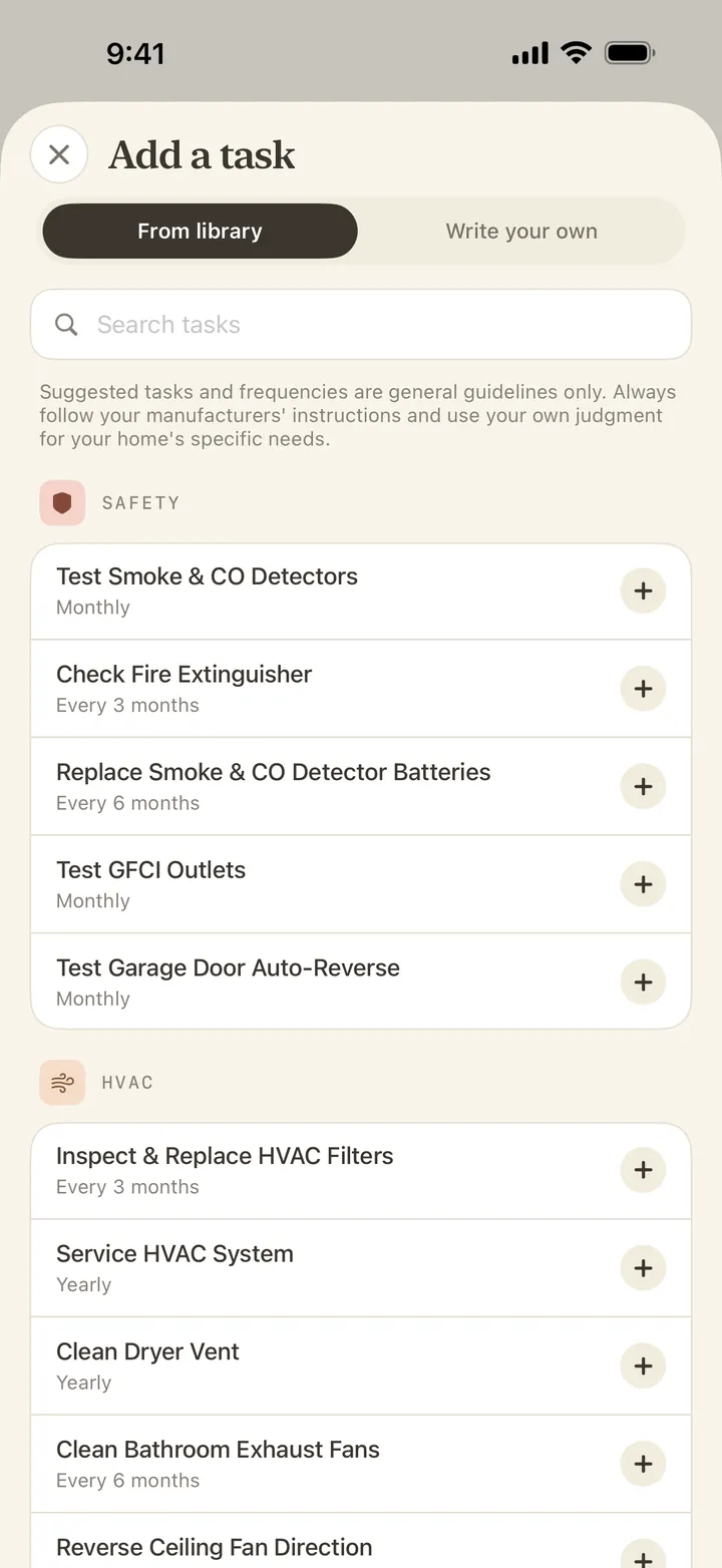 The task library, grouped by category.