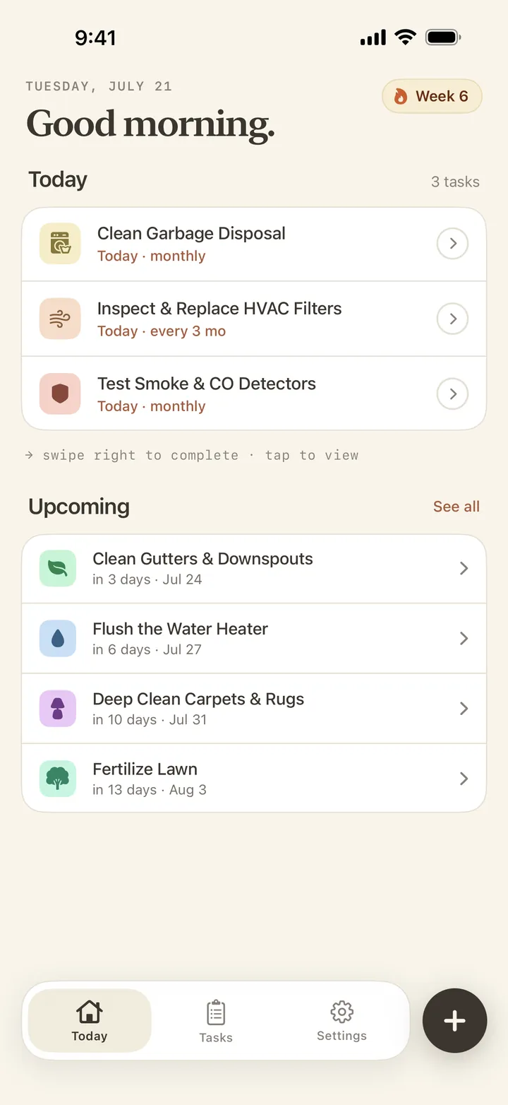 Patina's Today screen: three tasks due today, four coming up, and a Week 6 streak.